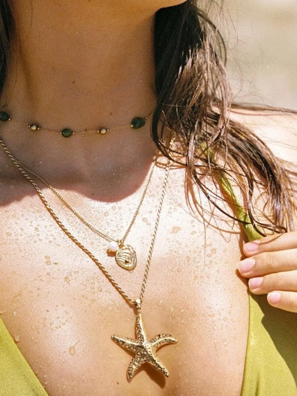 Gold Starfish Pendant Necklace and Earrings Set